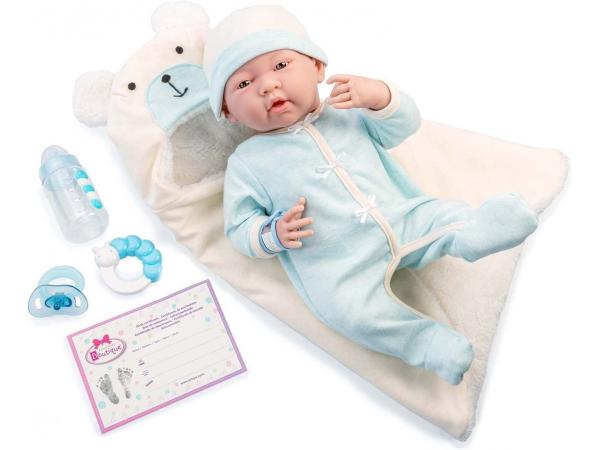 Blue soft body le newborn dans bear bunting et accessoires. corps souple nouveau-né. costume bleu av