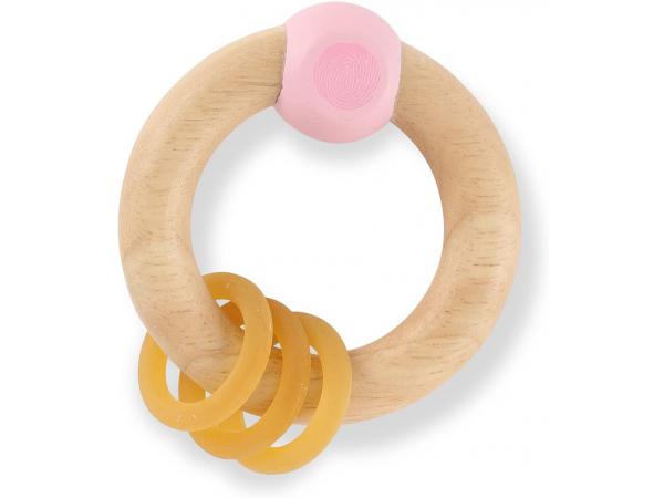 Anneau de dentition bois & caoutchouc rose 'finger print' - jouet écologique