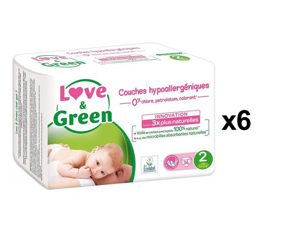 Couches bébé hypoallergéniques 0% - taille 2 (3-6 kg) - 36 couches - x6
