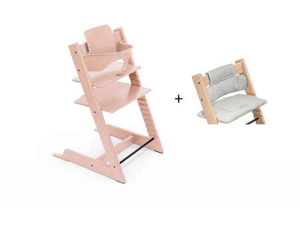 Chaise tripp trapp rose, coussin nordic grey et babyset