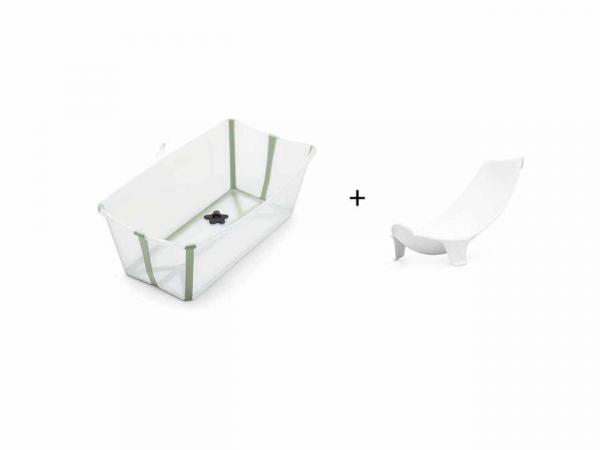 Ensemble baignoire stokke flexi bath ® xl transparent vert et transat de bain nouveau -né